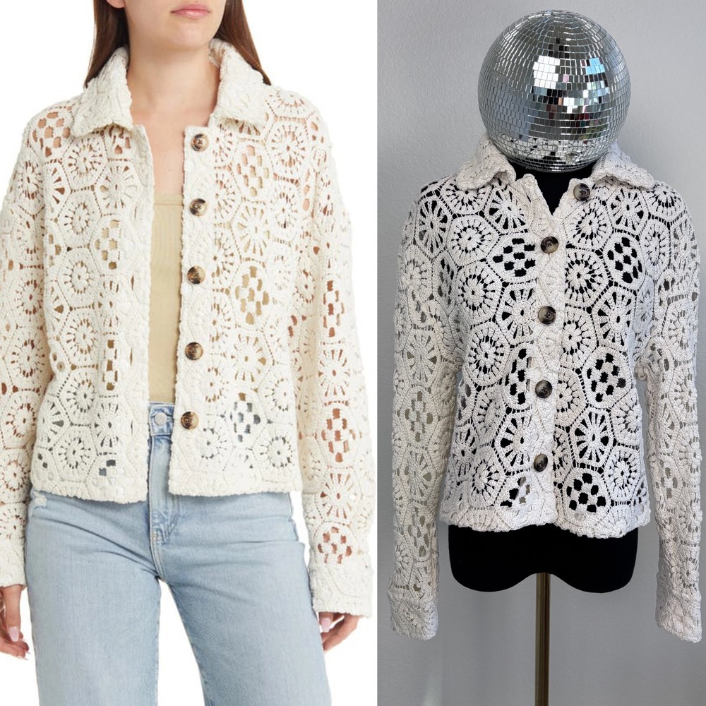 Treasure & Bond Cream Crochet Button Front Jacket XXS, Ivory Boho‎ Knit Cardigan